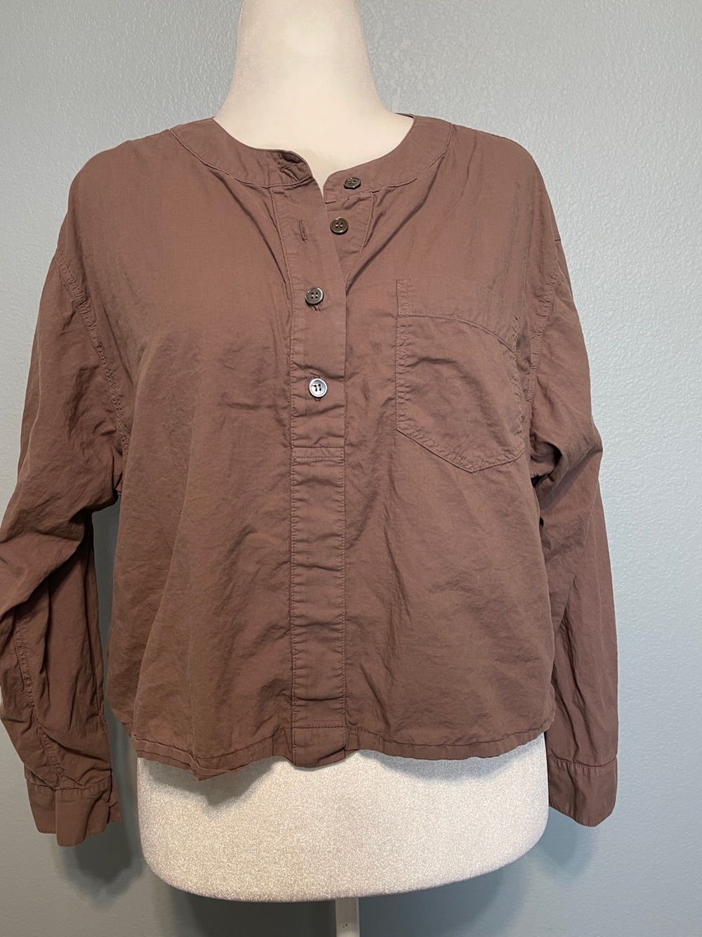 Xirena Brown Cotton Henley Blouse Pocket Relaxed Boho Lagenlook Coastal Large